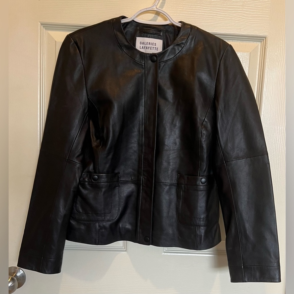 Galeries Lafayette Black Sheepskin Leather Jacket 40 Collarless Snap + Zip
